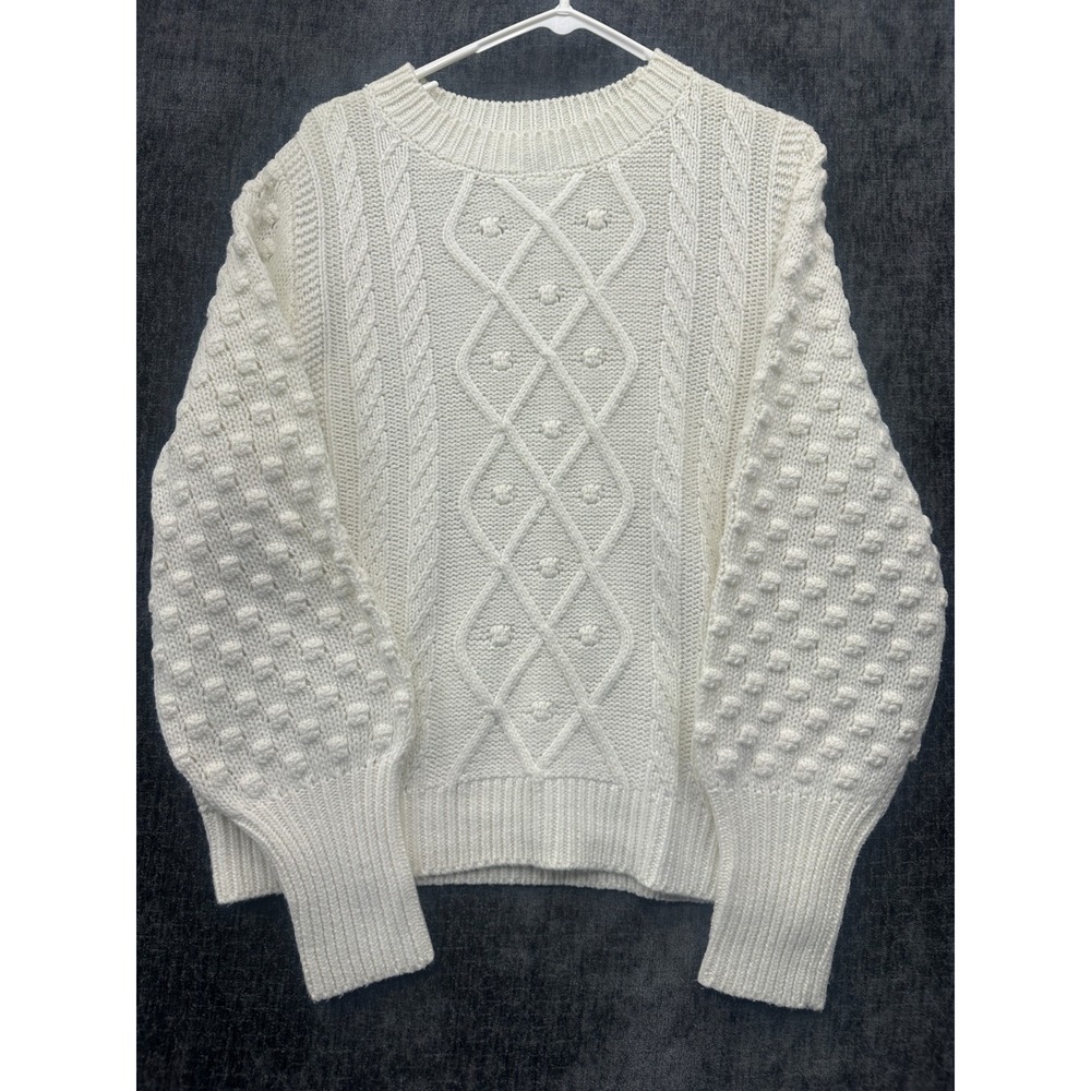Evereve Sweater Womens Large White Cotton Cable Knit‎ Ribbed Warm Wear Winter